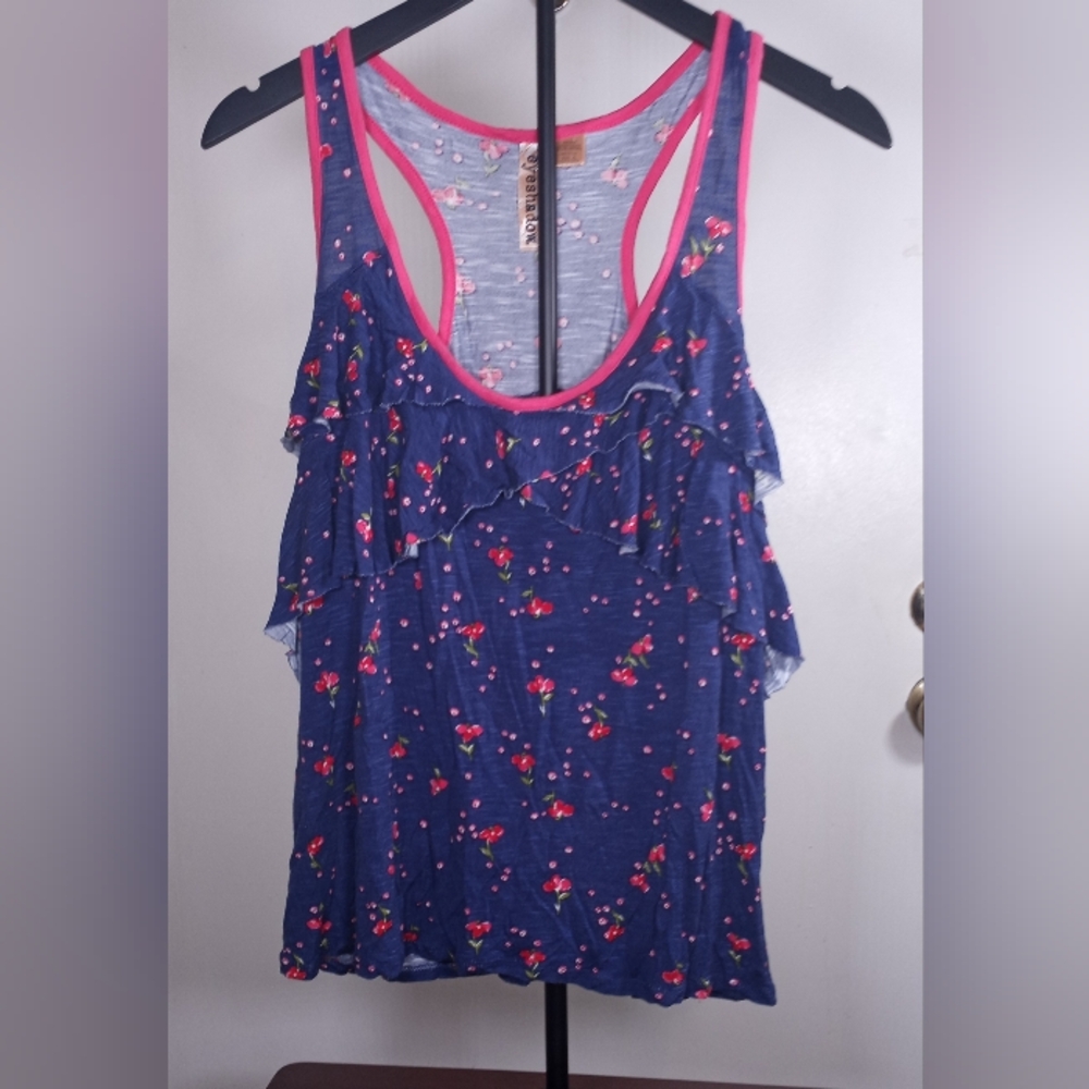 Eyeshadow Blue and Red Floral Ruffled Sleeveless Razor-Back Tank Top Size XL